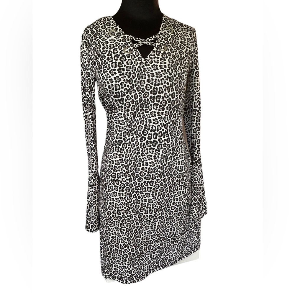 Michael Kors Women's Midi Dress Leopard Cheetah Print Flutter Sleeve V-Neck S.